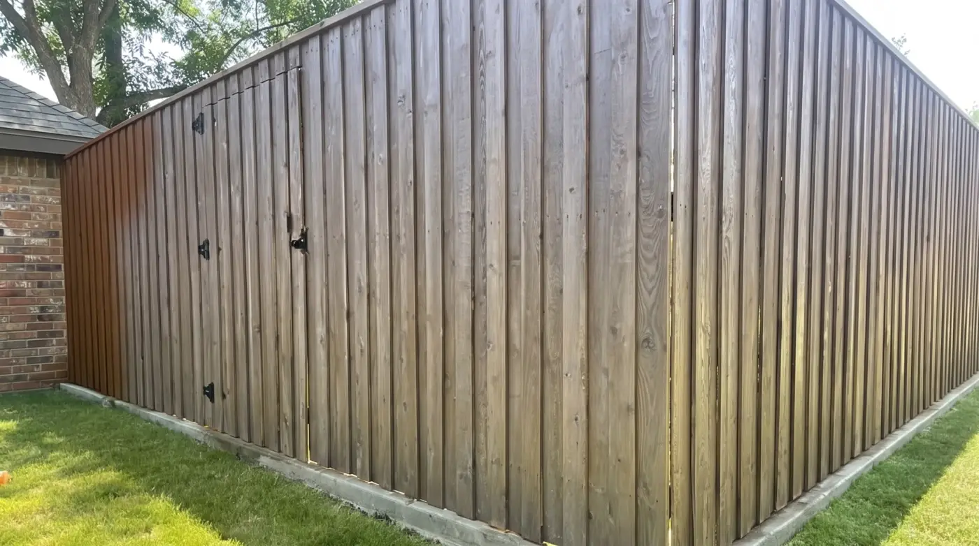 A weathered grey cedar privacy fence taking an amber brown stain, board by board